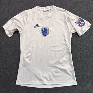 Adidas Boys XL white & blue Soccer Jersey with Logo Patches